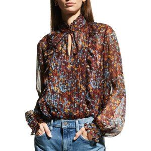 Lafayette 148 Harlan Tie-Neck Blouse M Ruffle Trim Brown Orange Print Metallic